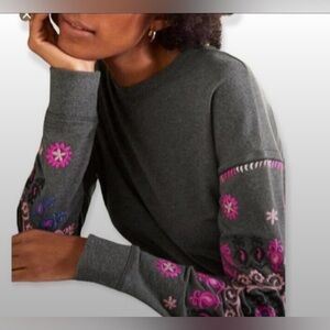 Boden Charcoal Grey Long Sleeve Dress with Embroidered Sleeves